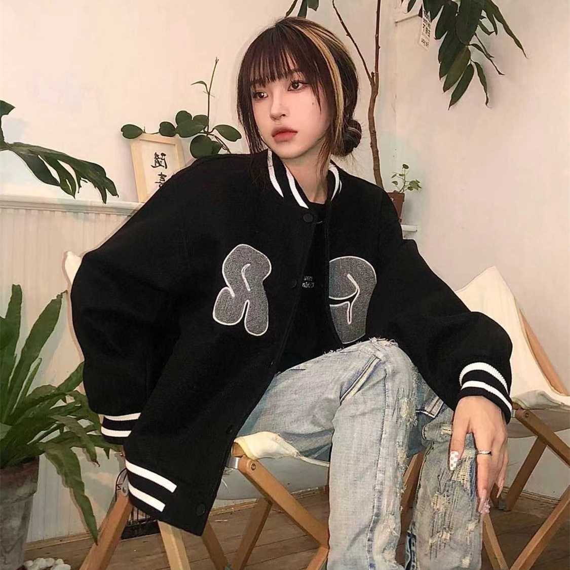 2023 autumn and winter new embroidered baseball jacket plus velvet jacket Korean style loose design versatile jacket outerwear for women