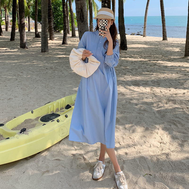 實拍~2023大碼女裝韓版新款溫柔風長裙胖mm收腰顯瘦氣質長袖裙子
