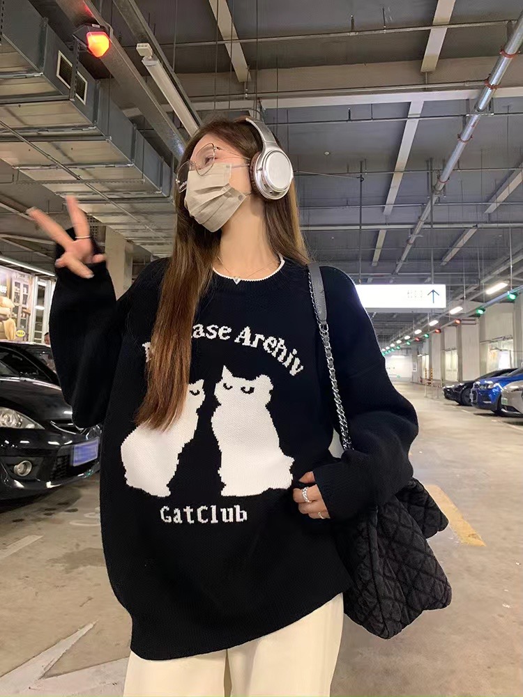 烏77可愛卡通貓咪毛衣學院風減齡慵懶感寬鬆顯瘦圓領套頭針織上衣