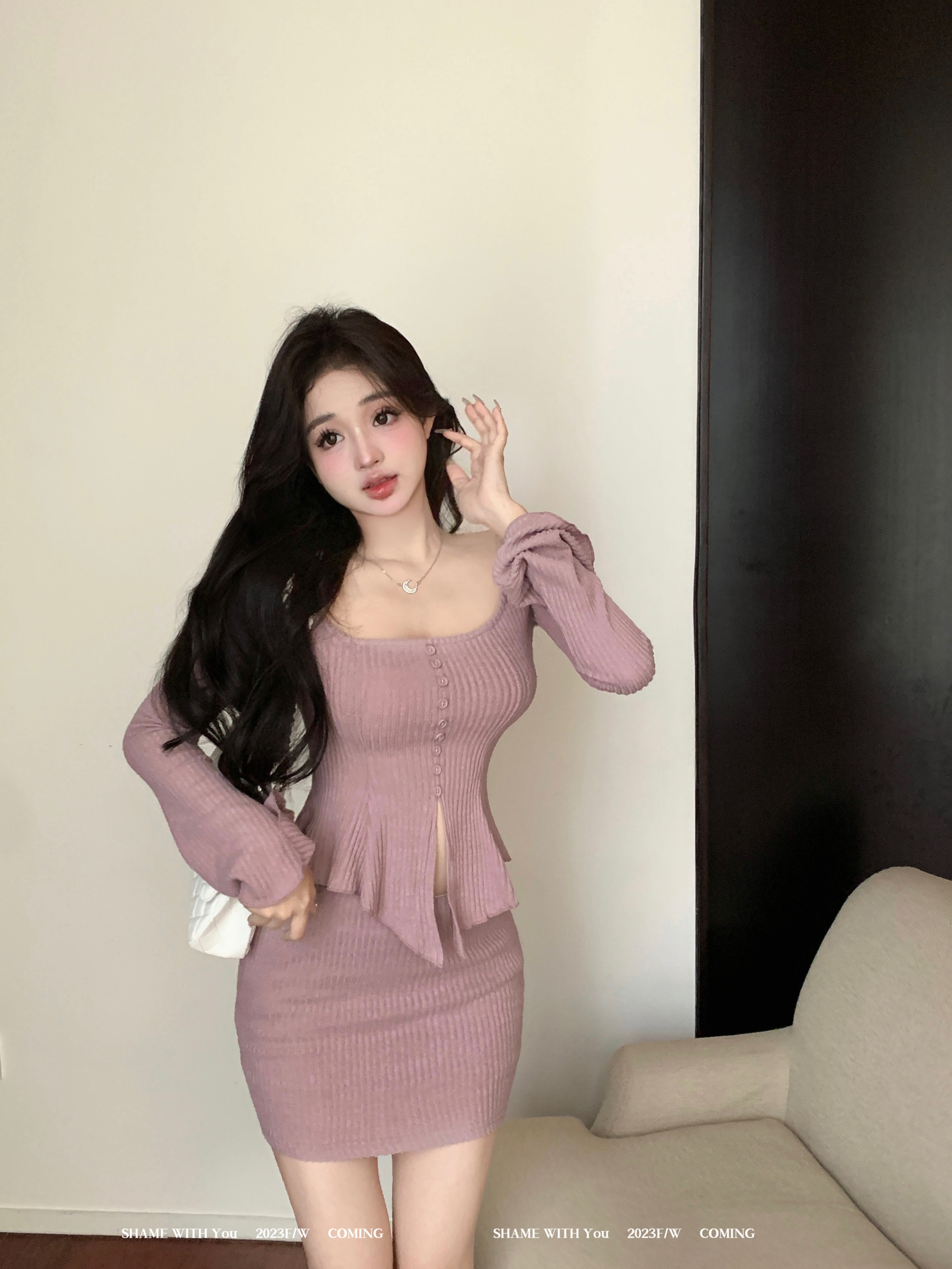 實拍  溫柔系富家千金針織衫辣妹穿搭套裝