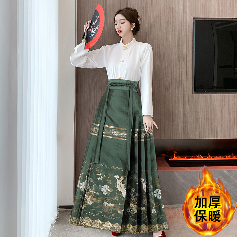 實拍2023秋冬加厚馬面裙套裝裙國風女改良日常新中式磨毛加厚襯衫