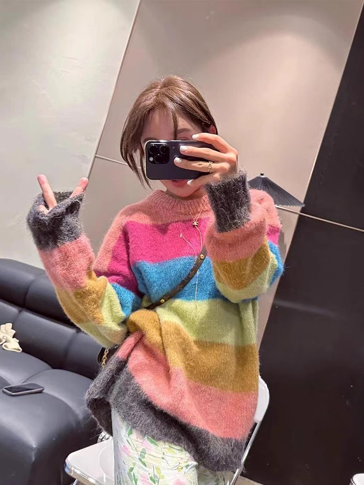 中長款彩虹條紋拼色毛衣女秋冬寬鬆慵懶風軟糯套頭內搭打底針織衫