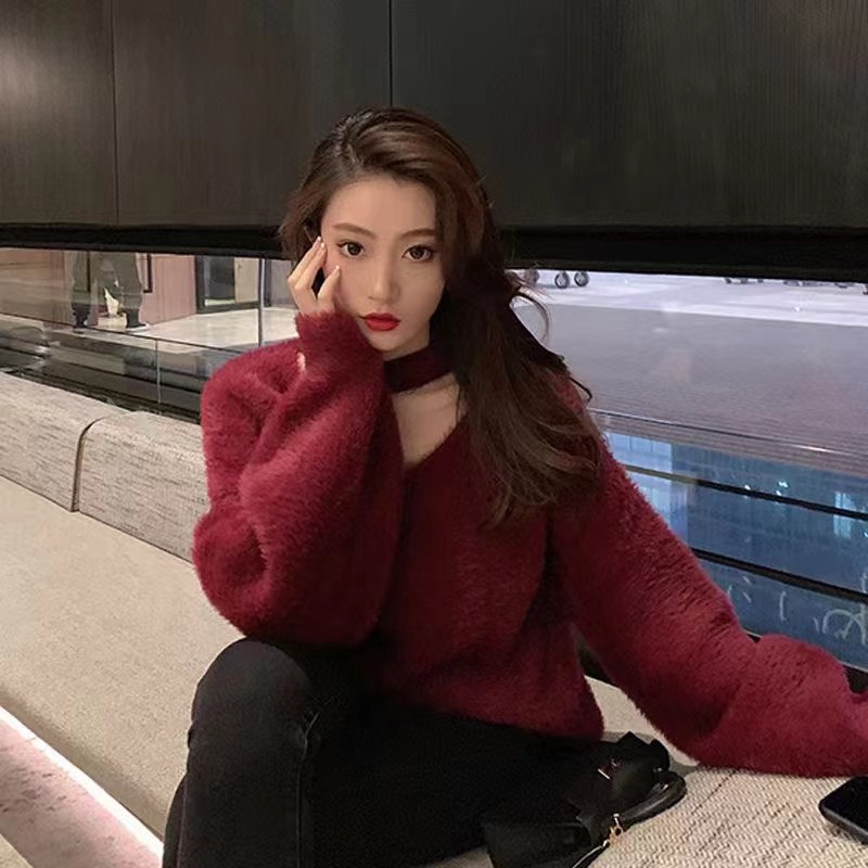 掛脖V領水貂絨毛衣女加厚秋冬寬鬆慵懶風馬海毛針織衫上衣女神范