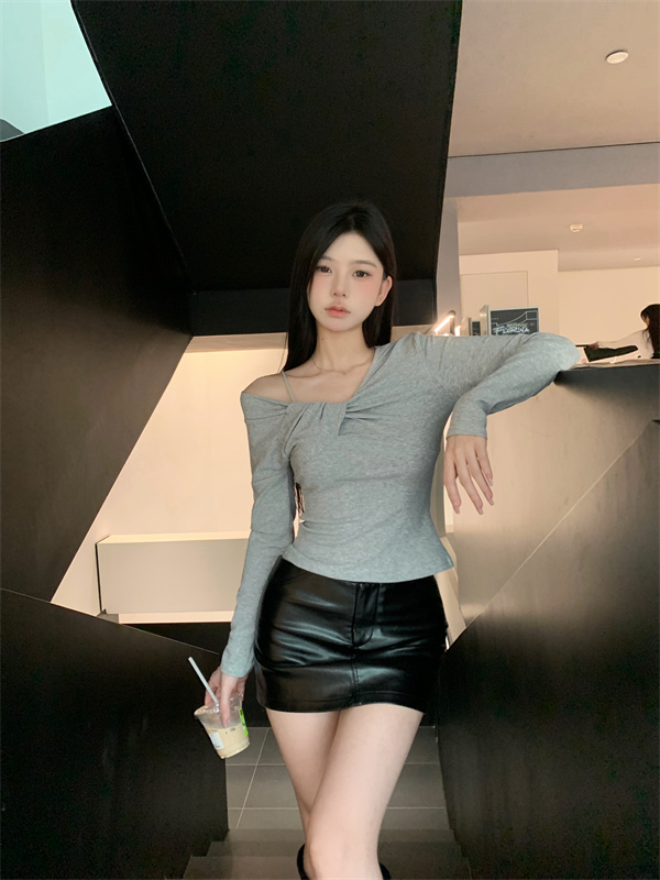 實拍 秋冬扭結打底衫上衣套頭純色不對稱修身顯瘦針織衫女