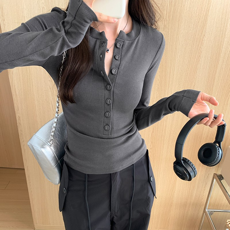 純欲辣妹紐扣半開襟緊身打底衫女顯瘦潮