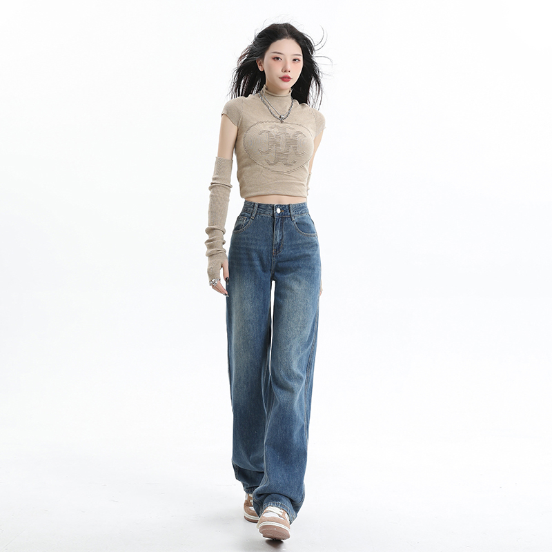 實拍2023秋季時尚直筒牛仔褲女寬鬆垂感小個子高腰闊腿拖地褲