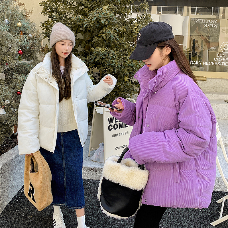 實拍燈芯絨冬季時尚新款羽絨棉服美式加厚純色寬鬆立領麵包服棉衣