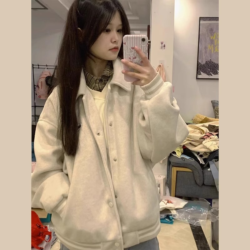 American retro baseball uniform jacket for women autumn and winter 2023 new design casual jacket plus velvet thickened top