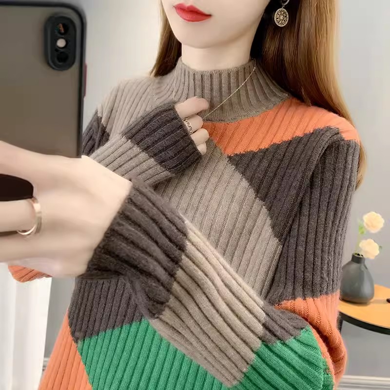 半高領洋氣拼色加厚毛衣女秋冬新款寬鬆內搭打底衫短款針織衫