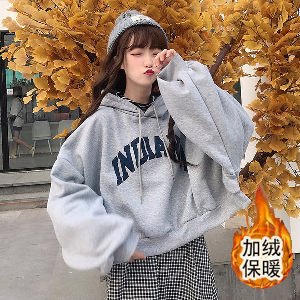 加厚加絨假兩件衛衣2023新款女連帽套頭慵懶風百搭外套
