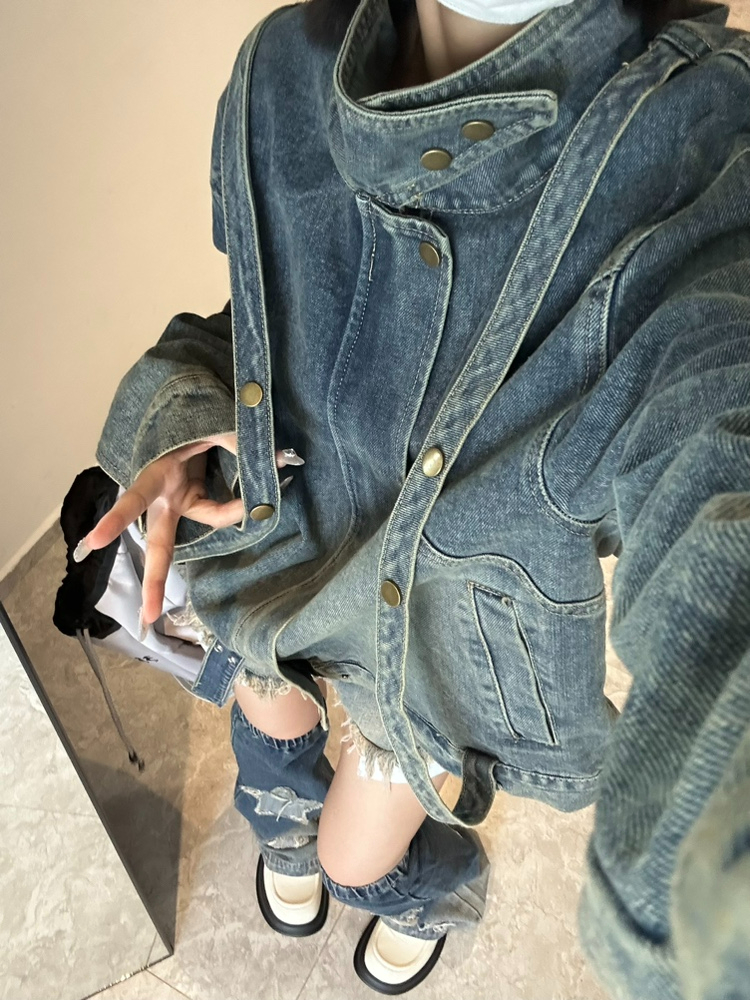 美式復古小眾設計感拉鏈寬鬆水洗牛仔外套女薄款高街牛仔外套