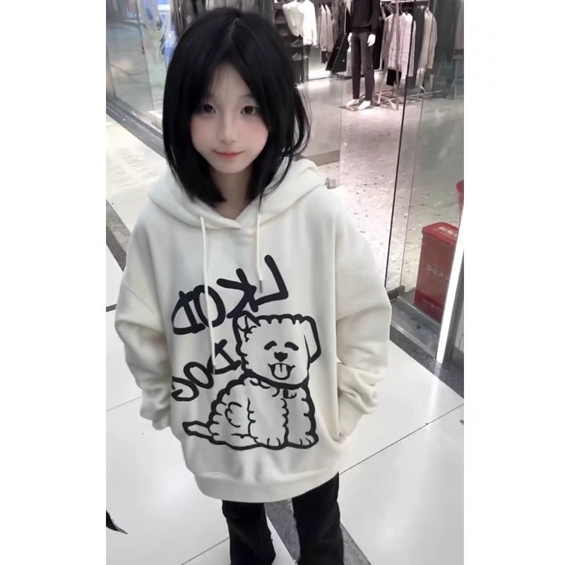 國潮牌美式小狗印花連帽加絨衛衣女秋冬2023新款oversize小眾外套