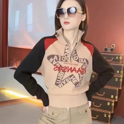 美式復古時尚套頭高領毛衣女秋冬2023新款寬鬆顯瘦拉鏈針織衫上衣