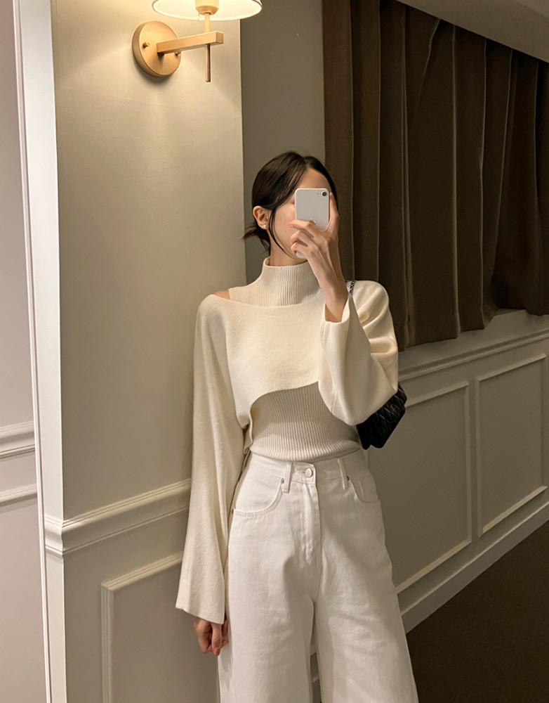 Korean chic autumn and winter new temperament small turtleneck knitted vest + blouse two-piece suit