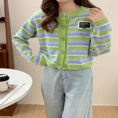 韓系復古個性條紋開衫毛衣女小個子甜酷風顯瘦休閒短款針織衫上衣