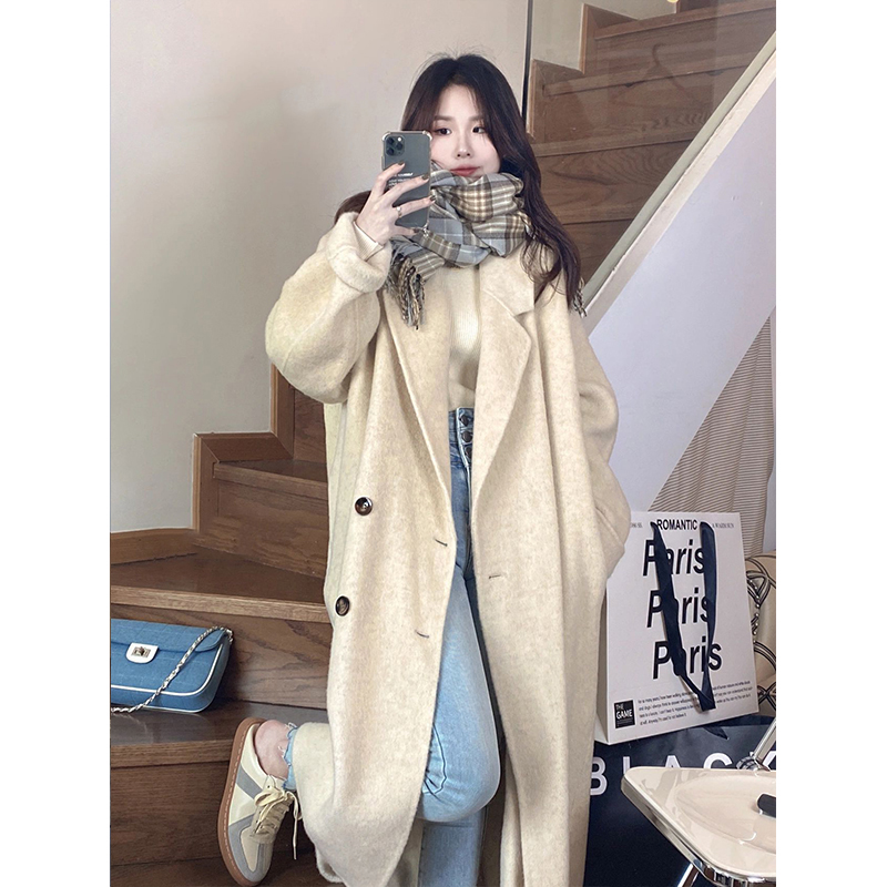 小個子赫本風加厚毛呢女外套秋冬2023新款韓系高級寬鬆中長款大衣