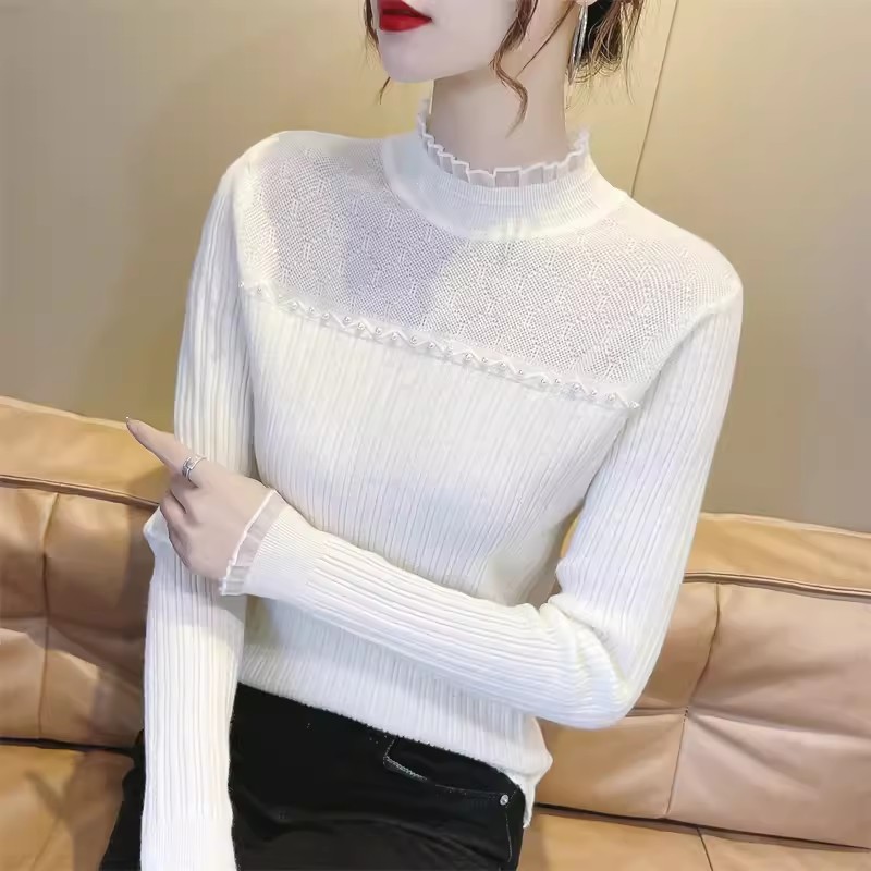 2023秋冬新款甜美萬能打底衫女毛衣半高領修身蕾絲內搭針織衫上衣