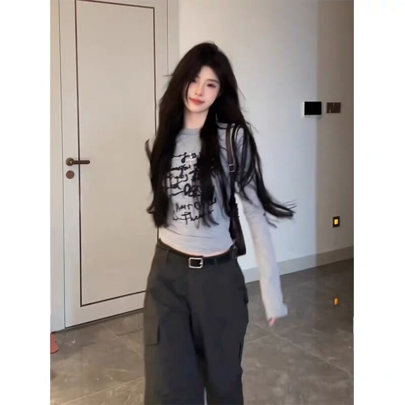 美式復古插肩塗鴉印花長袖t恤女春秋緊身打底衫內搭顯瘦辣妹上衣