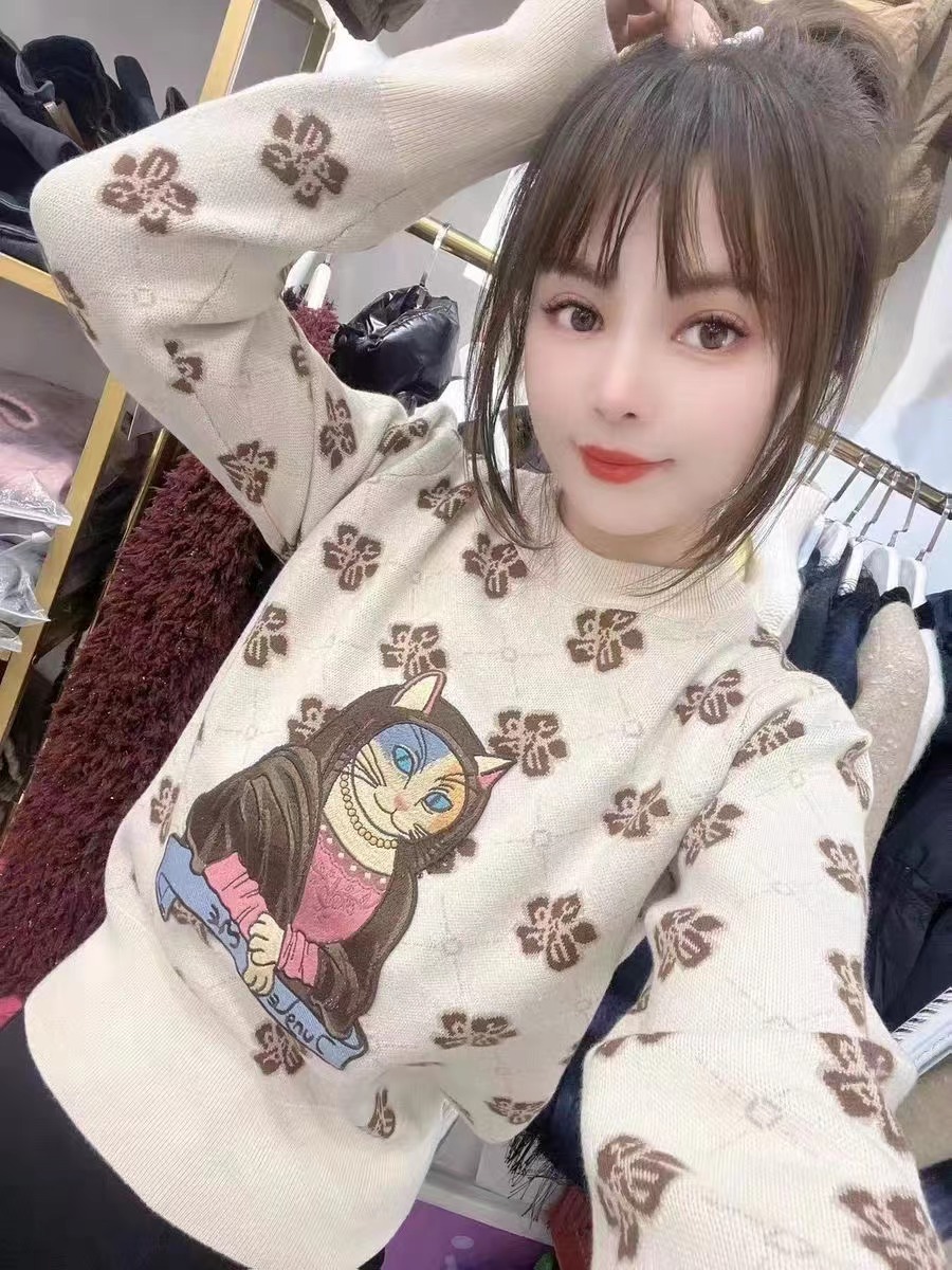 菱格短款毛衣女2023秋季新款設計感百搭甜美卡通提花針織衫上衣潮
