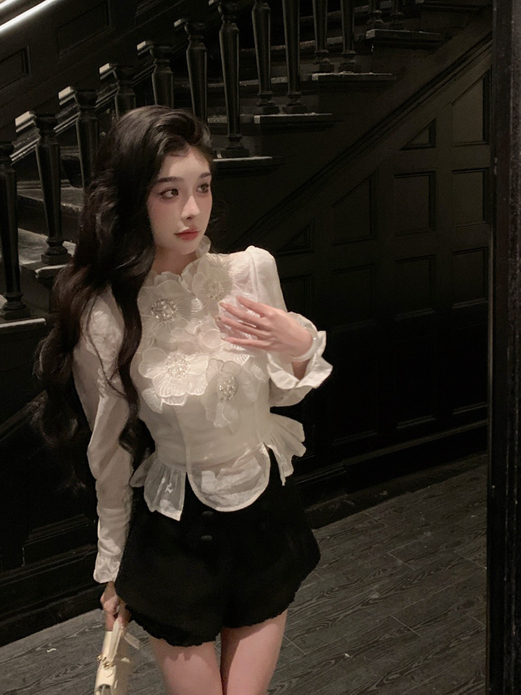 法式重工時尚套裝女秋裝長袖鑽石輕奢襯衫高腰性感短褲子兩件套潮