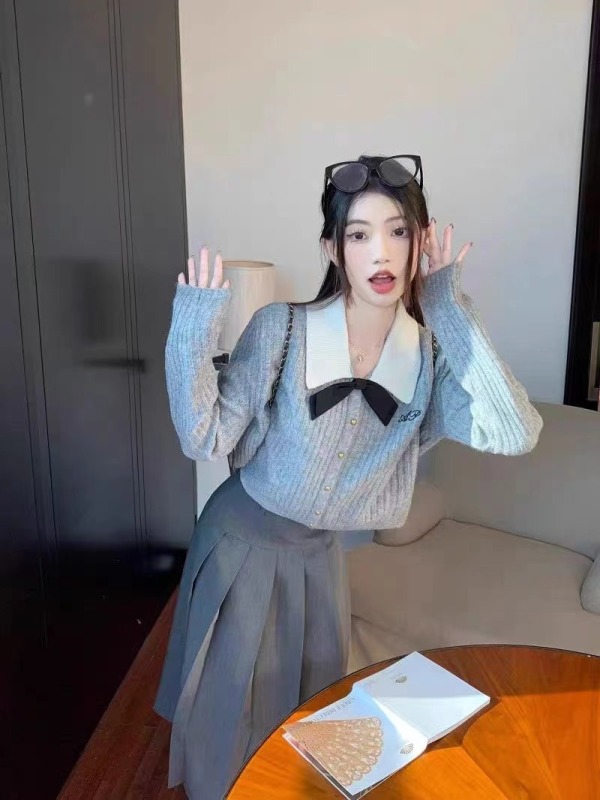灰色蝴蝶結毛衣針織開衫女秋季新款短款外套