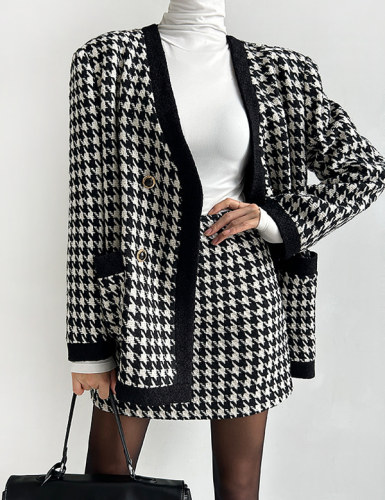 Korean chic autumn and winter small fragrance suit V-neck houndstooth double-breasted jacket + A-line skirt