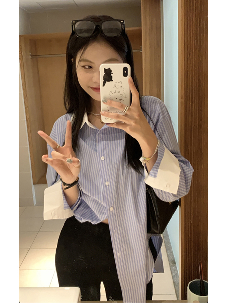 藍白條紋撞色襯衫女2023春秋薄款小眾設計高級感法式寬鬆防曬上衣