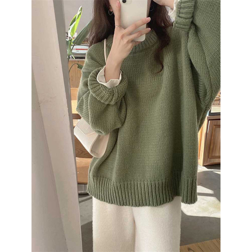 Green round neck pullover sweater for women  new autumn oversize Japanese style lazy retro high-end coat