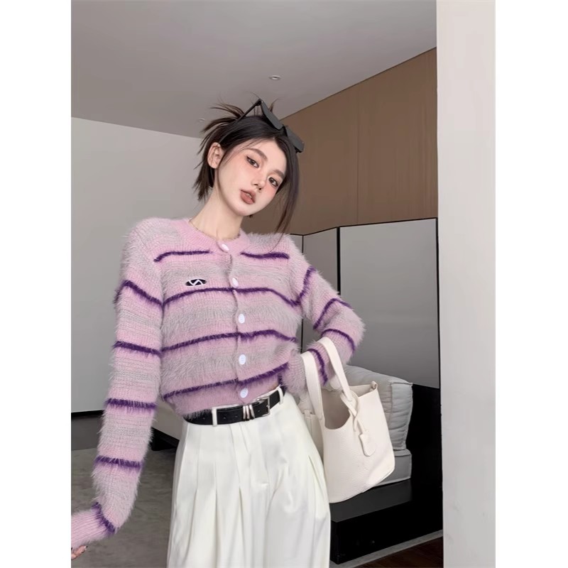 紫色條紋軟糯長袖毛衣女早秋寬鬆顯瘦甜美減齡短款上衣潮
