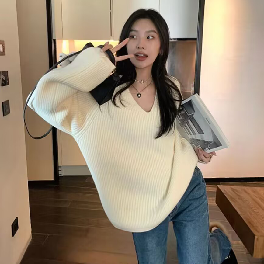 簡約v領軟糯毛衣女2023年秋冬新款韓版寬鬆慵懶風外穿針織衫上衣