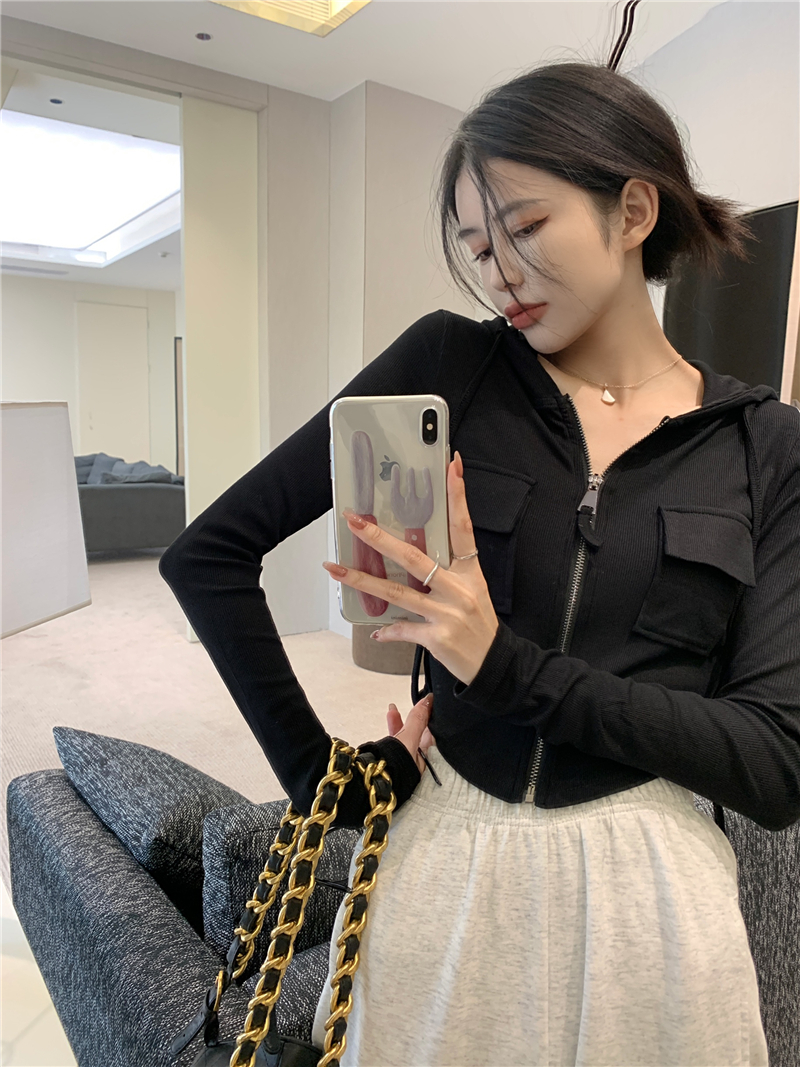 實拍～ 秋季新款連帽口袋修身顯瘦甜辣拉鏈開衫外套上衣女
