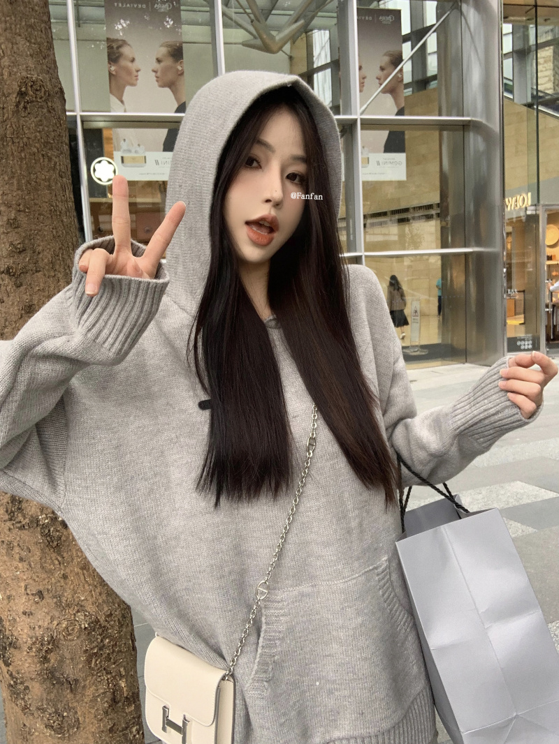 實拍~ 休閒連帽針織套頭毛衣女設計感慵懶寬鬆外穿針織衫女