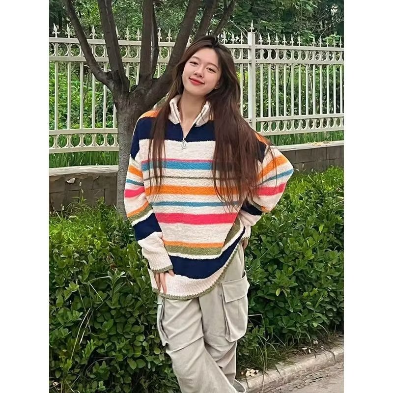 慵懶風撞色條紋毛衣女秋冬韓版寬鬆高級設計感美式街頭針織衫