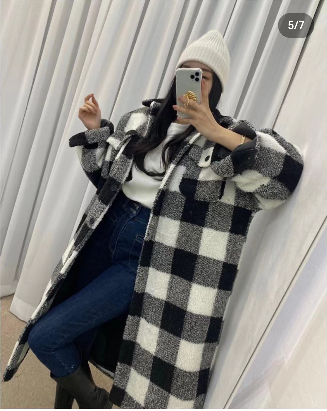 韓國東大門復古格子羊羔毛絨外套女寬鬆顯瘦中長款過膝毛呢棉服