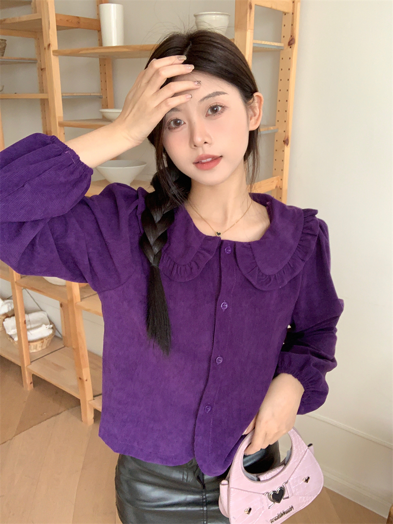 實拍 秋冬新款法式氣質娃娃領襯衫百搭寬鬆顯瘦長袖短款上衣