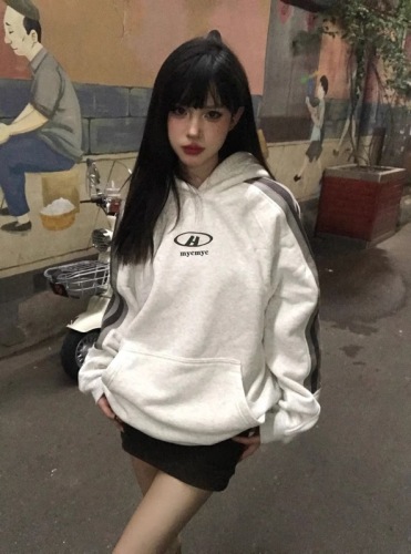 美式hiphop复古潮牌拼接连帽卫衣女春秋宽松oversize休闲百搭上衣