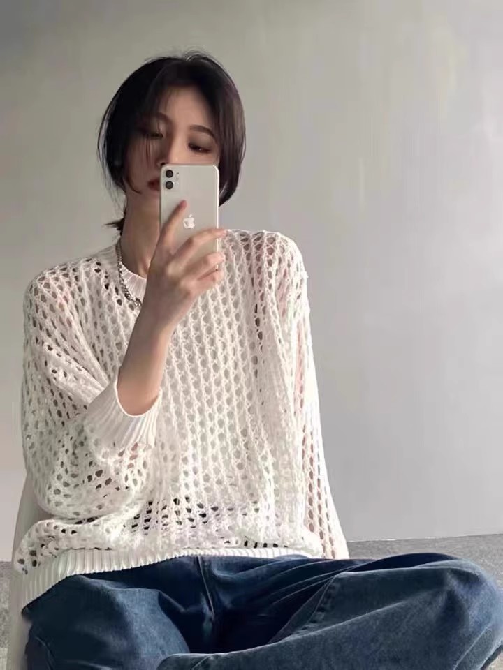 針織鏤空防曬衣女夏薄款寬鬆設計感小眾別致獨特垂感長袖罩衫上衣