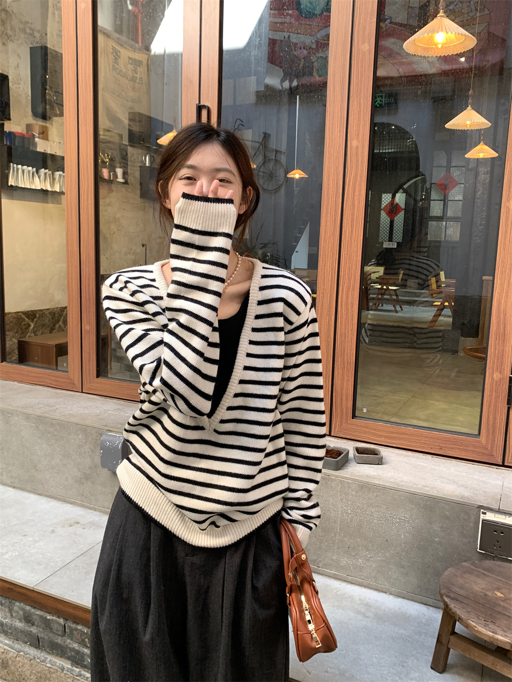 實拍設計感撞色假兩件毛衣女套頭條紋韓系慵懶風針織衫