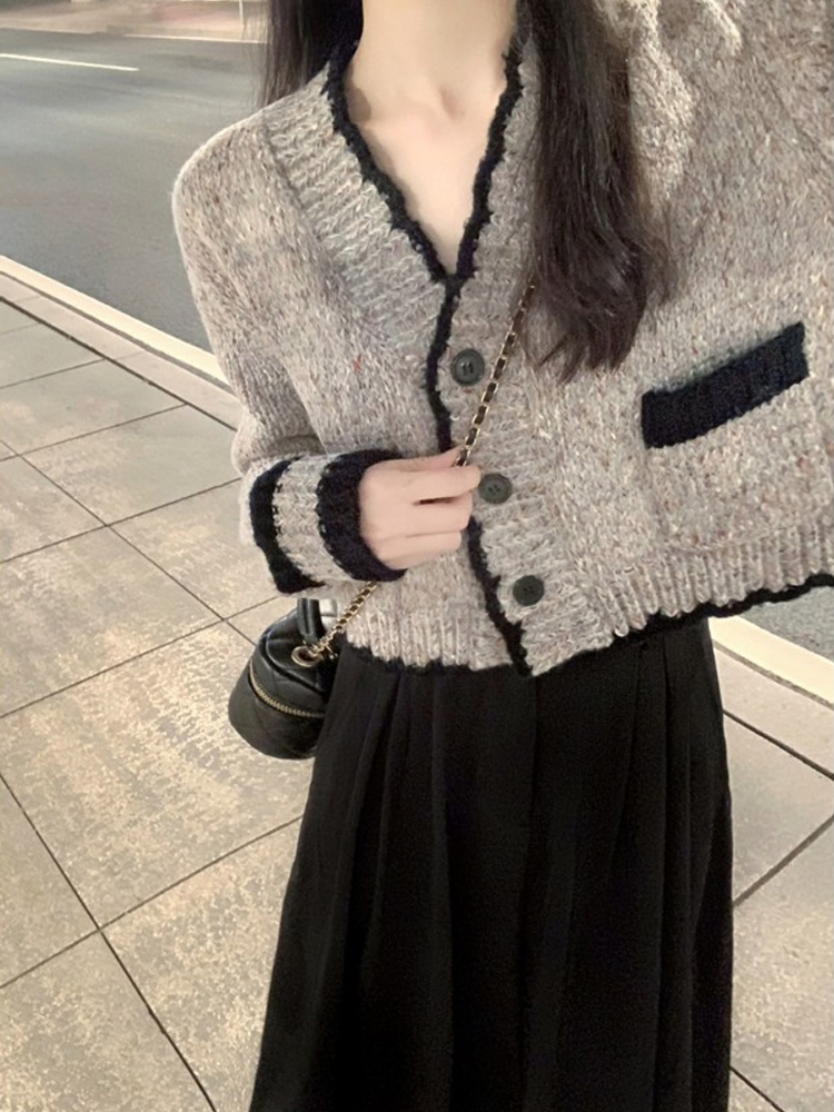 法式小香風氛圍感短款開衫毛衣女2023秋季新款V領針織衫外套上衣