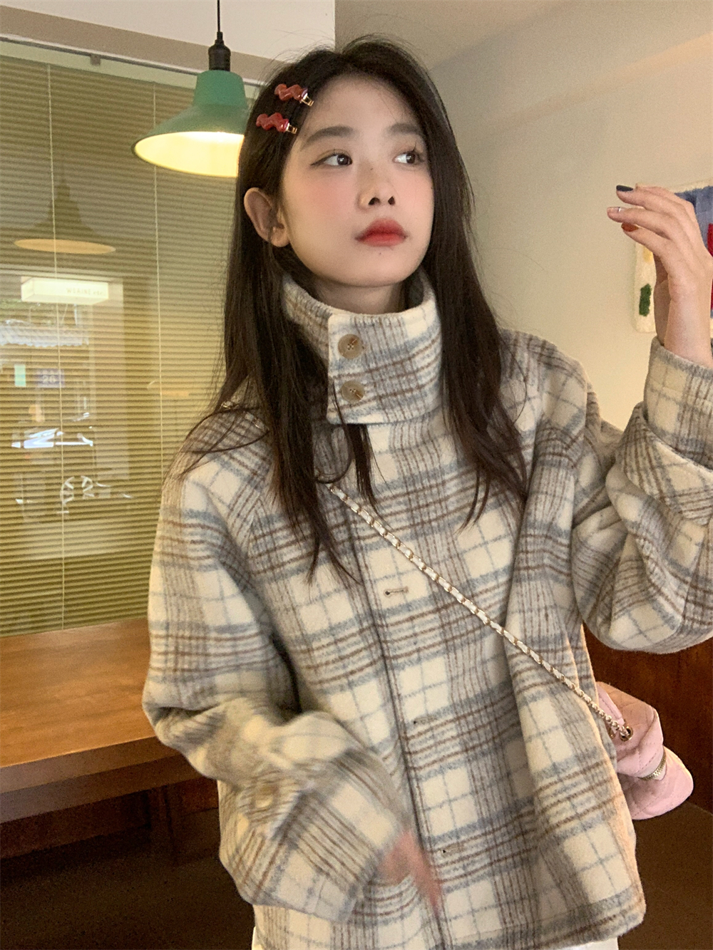 實拍冬季復古格紋寬鬆立領保暖夾棉毛呢外套女