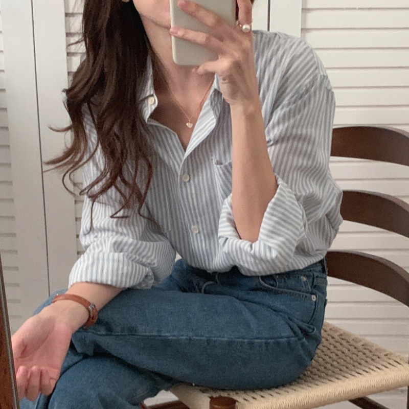 Polo領條紋襯衫女2023新款秋季韓版休閒百搭長袖襯衣開衫寬鬆外套