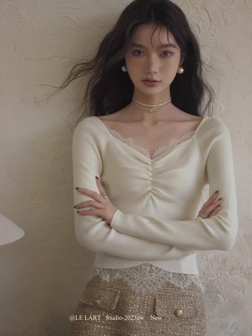 2023年秋季設計感小眾法式優雅蕾絲顯瘦修身毛衣針織衫打底衫小衫