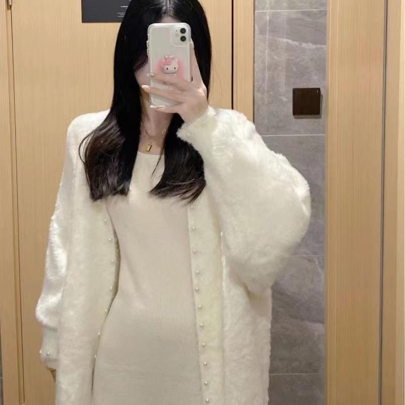 白色釘珠水貂絨毛衣開衫女中長款寬鬆慵懶風針織外套秋冬外搭大衣
