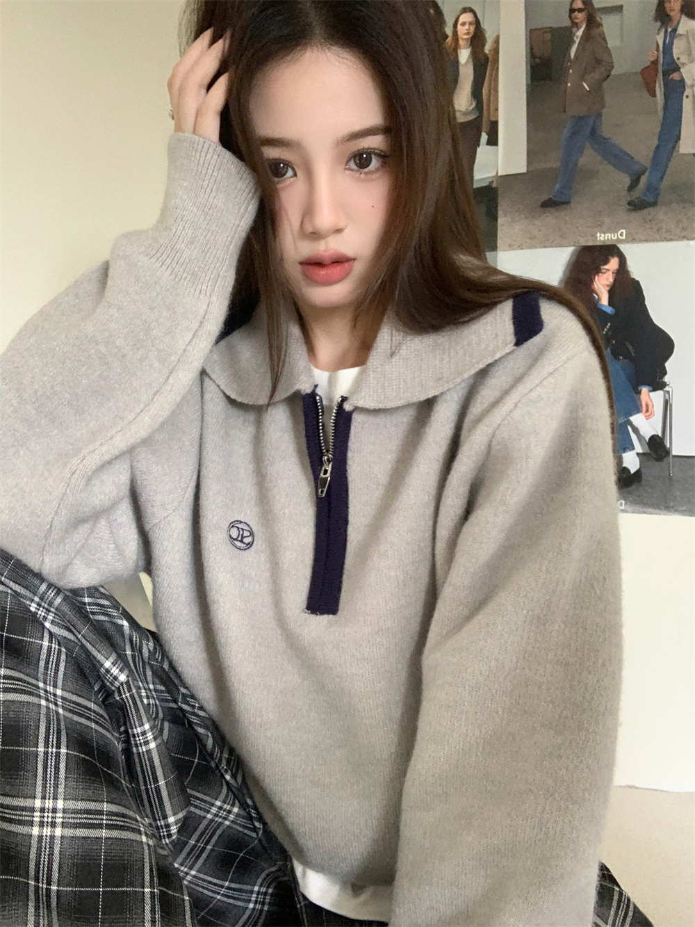 實拍~ 韓版撞色POLO領正肩半拉鏈寬鬆顯瘦百搭長袖針織衫毛衣