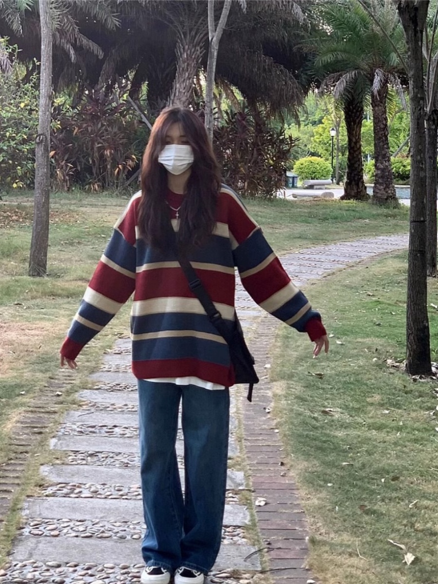 綿羊絨  衣長65胸圍53左右   2023秋季新款條紋套頭上衣