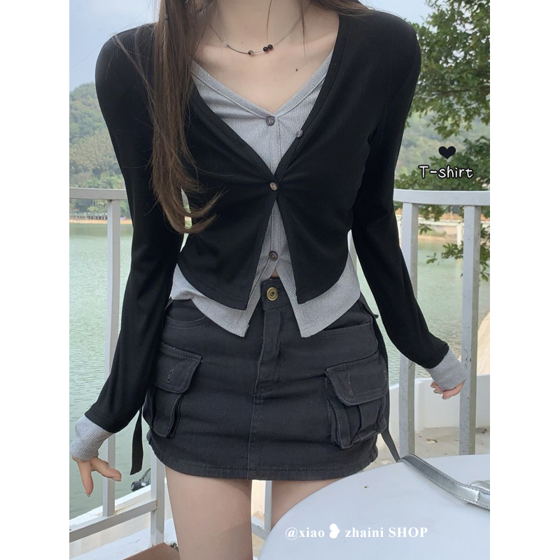 假兩件v領長袖T恤女春季2023新款辣妹百搭修身設計感小眾短款上衣
