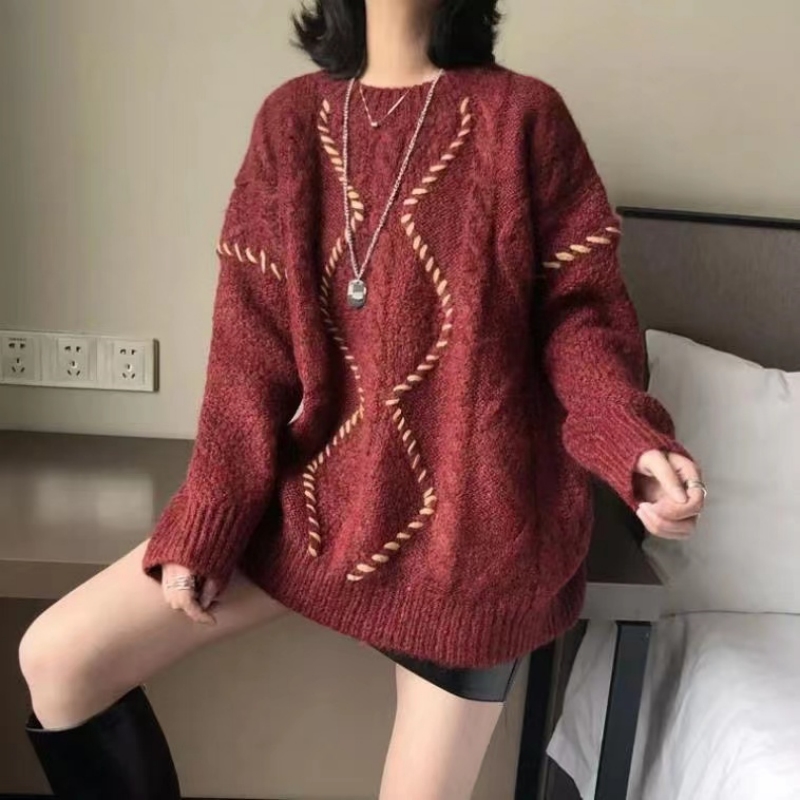 減齡時尚麻花毛衣2023冬季慵懶風復古港風套頭針織衫加厚外套女