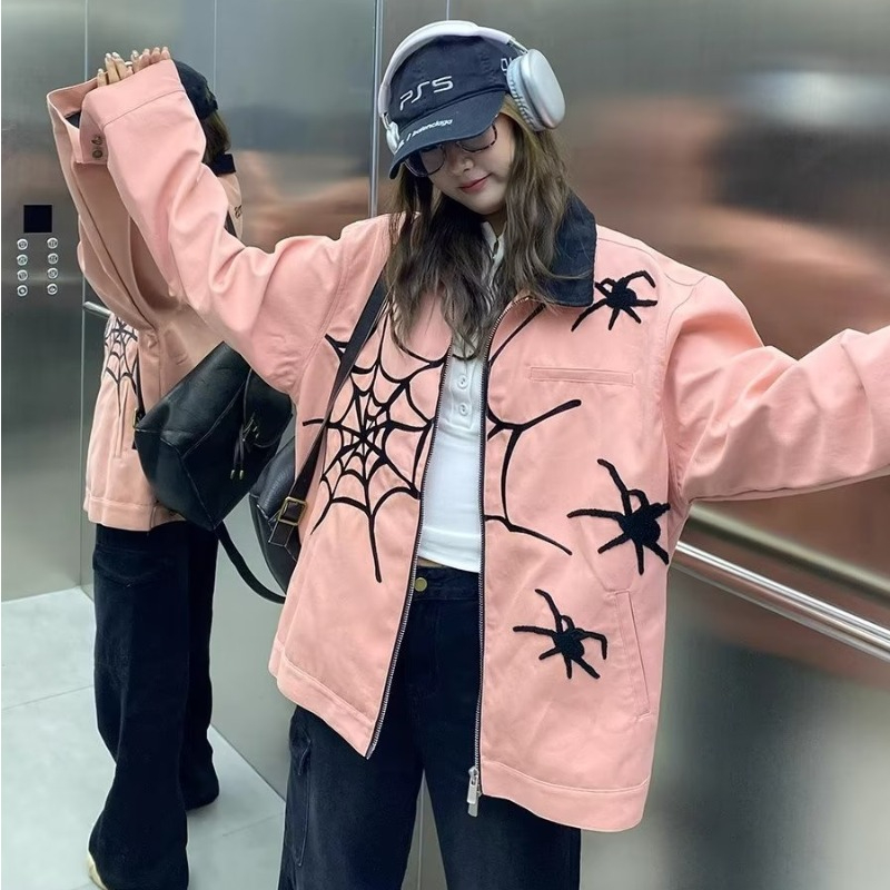 Original twill spider embroidery jacket for women autumn American fashion brand couple loose long-sleeved lapel top