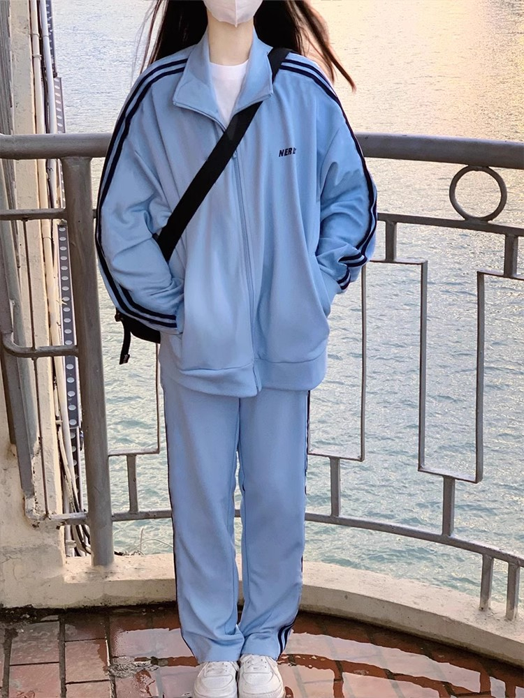 學院風休閒運動服套裝女秋季韓版減齡寬鬆開衫衛衣長褲跑步兩件套