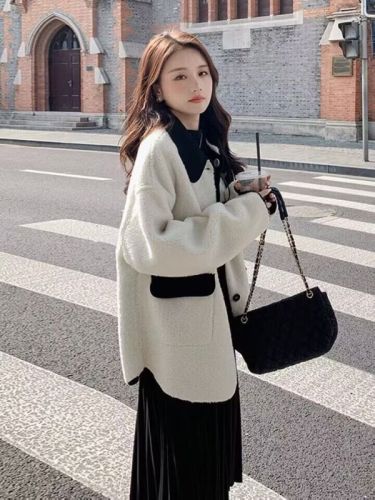 American retro college small fragrance style fur one-piece lamb wool coat for women autumn and winter new high-end jacket top